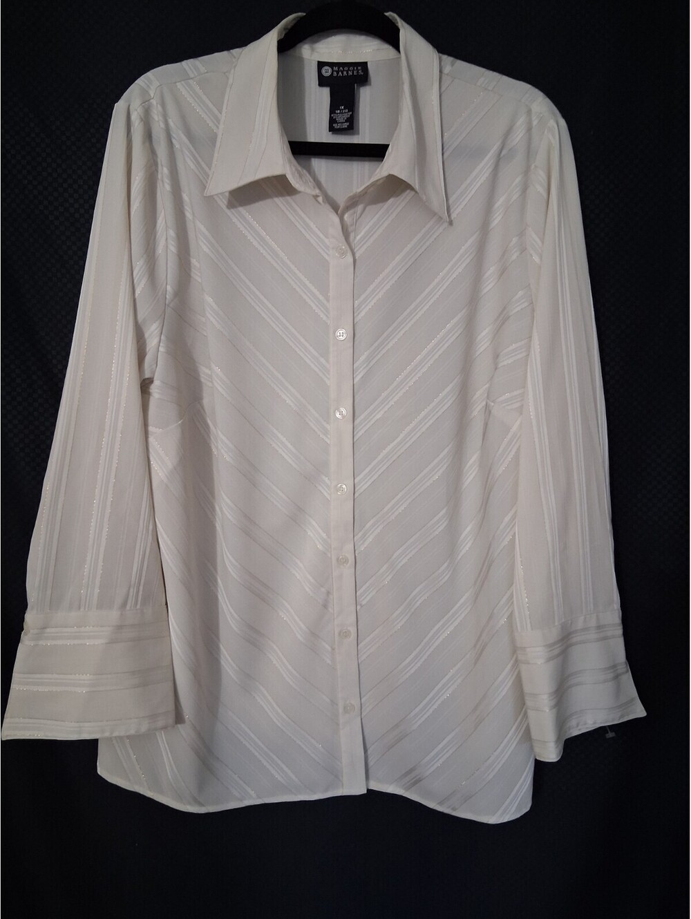 Maggie Barnes Women's 1X Ivory Gold Stripe Button Front French Style Cuff Top